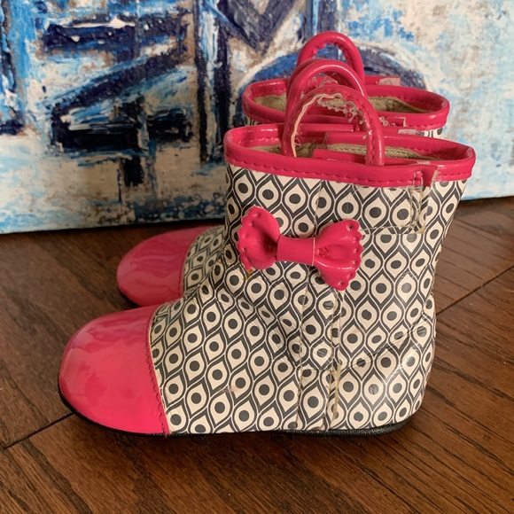 Pink Toe Cap Robeez Rain Booties Bow Detail Double Velcro Open Sz 6-9 Months/US3 - Picture 8 of 17